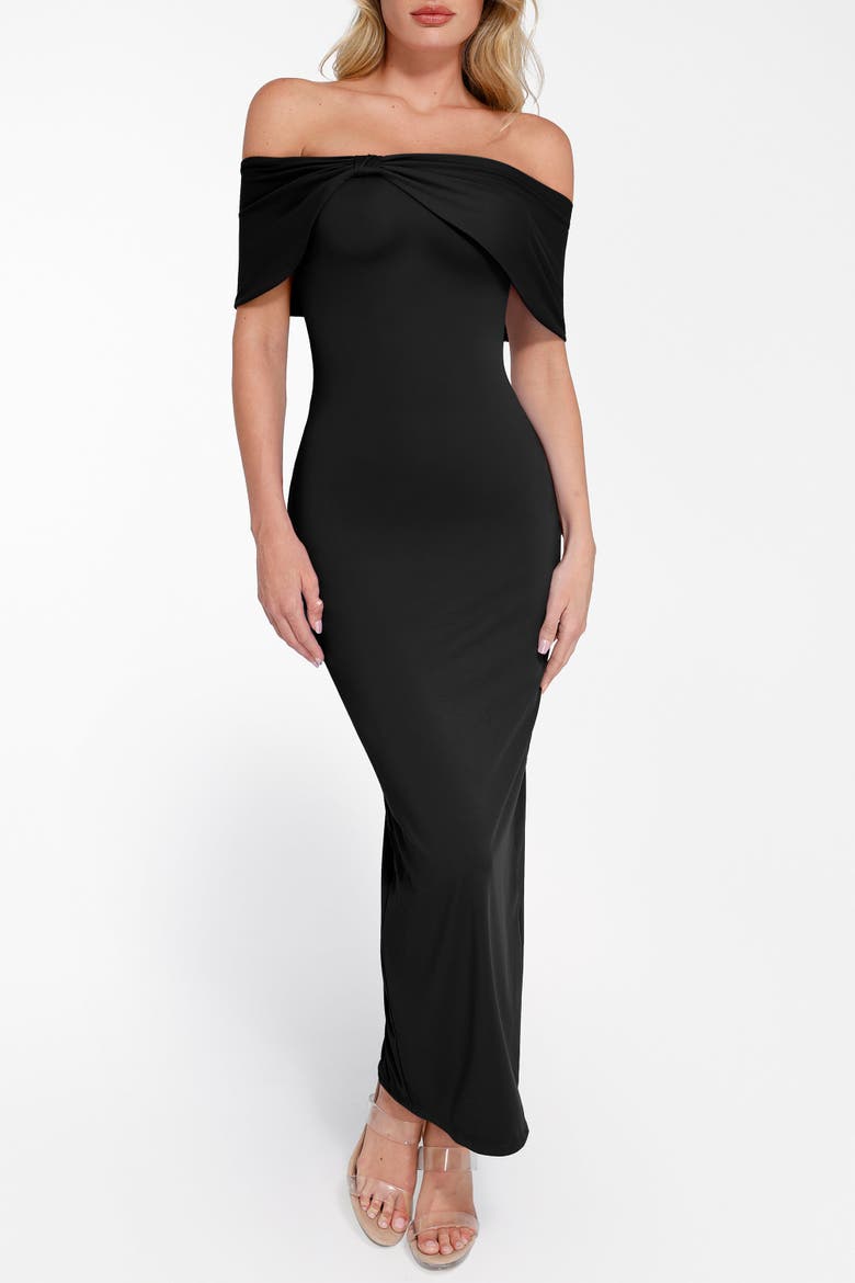 Built In Shapewear Off the Shoulder Column Midi Dress, Alternate, color, Jet