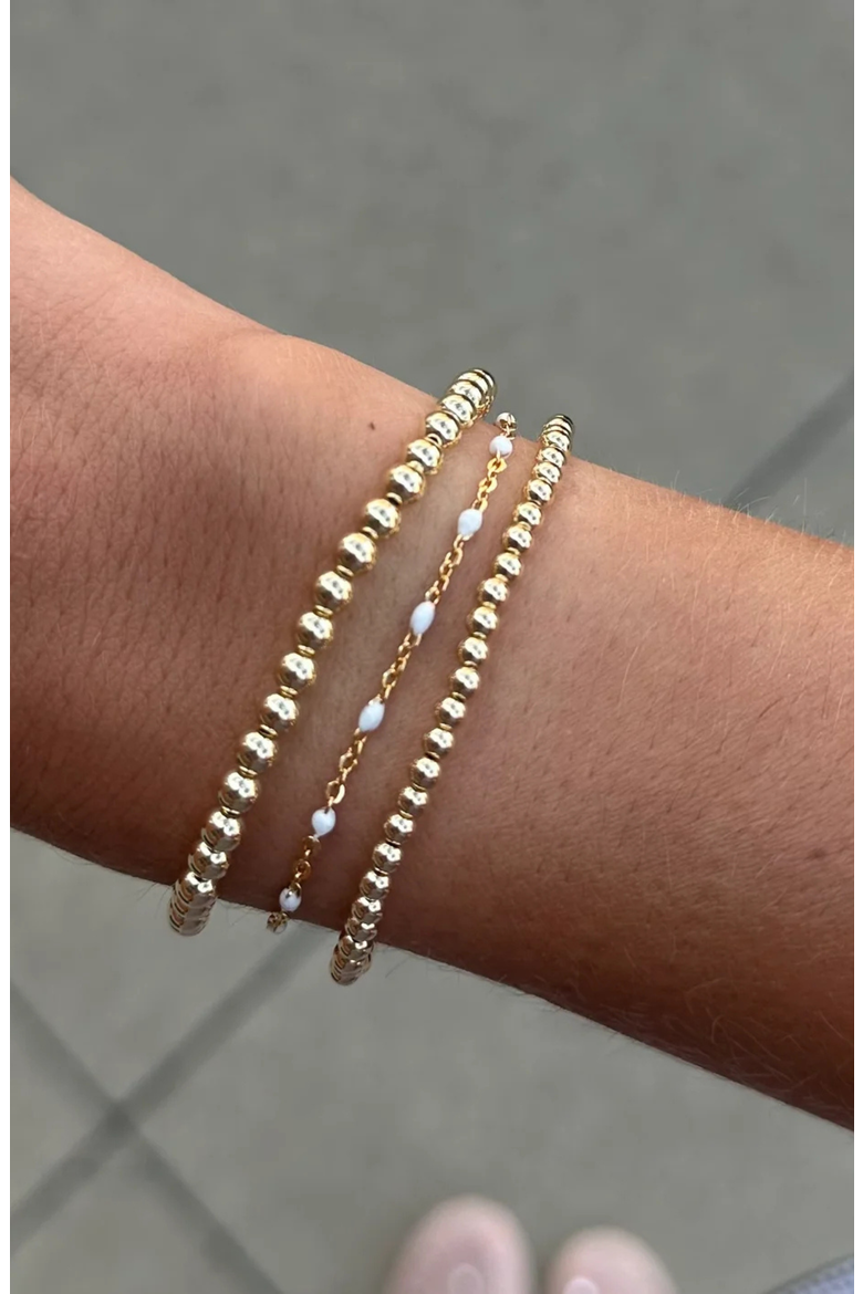 Bead and White Enamel Chain 14k Gold Filled Bracelet Three Stack, Alternate, color, Gold