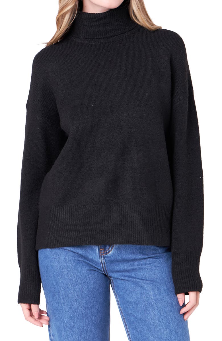 English Factory Notch Hem Turtleneck Sweater, Alternate, color, Black