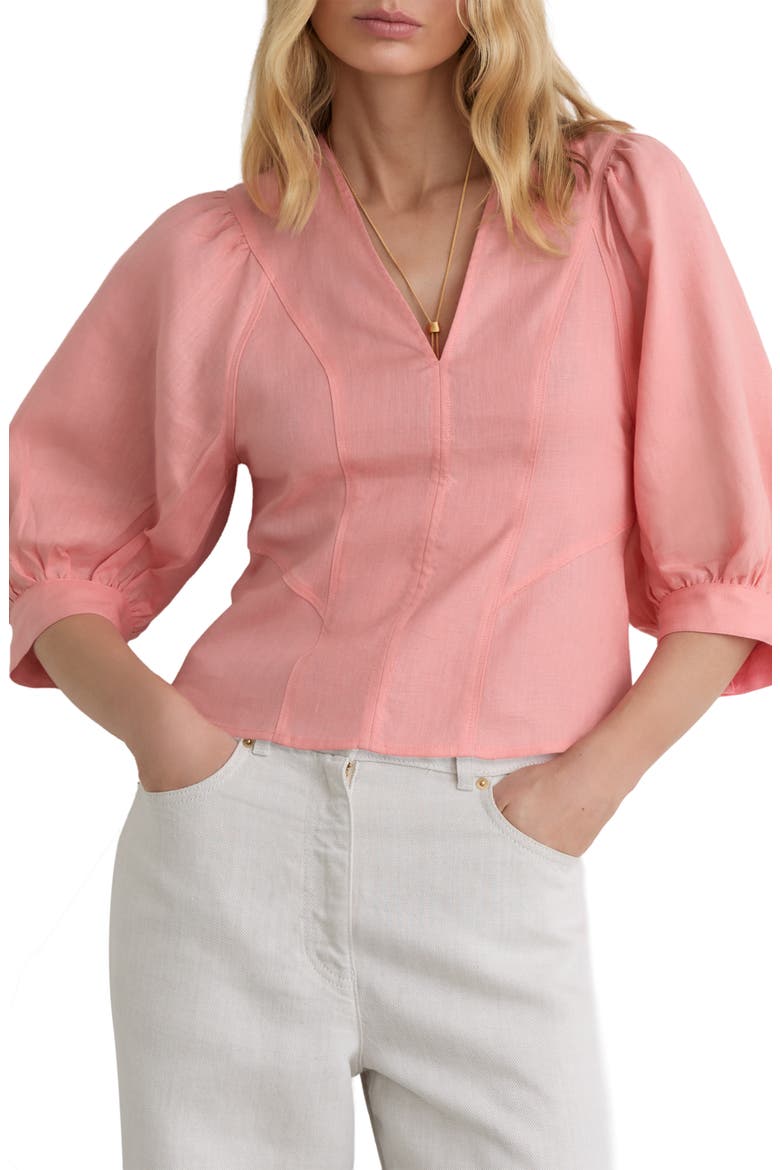 Evie Puff Sleeve Linen Top, Alternate, color, CORAL PINK