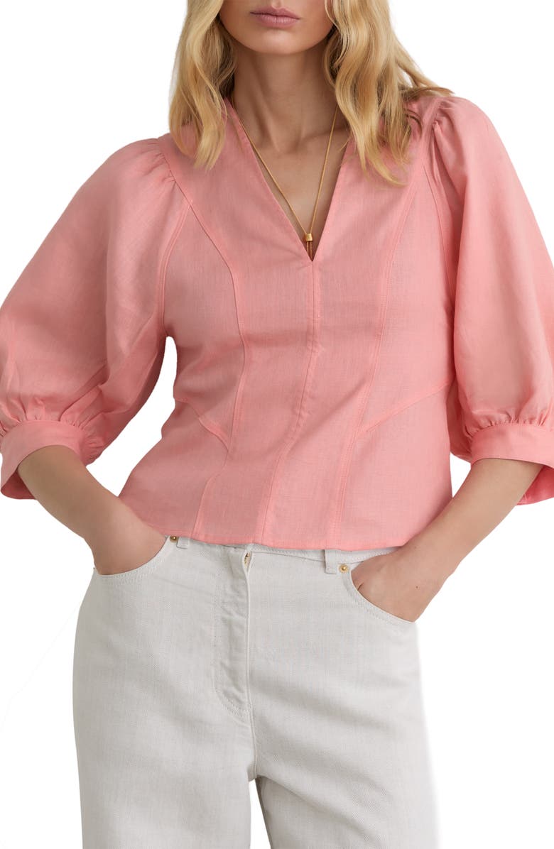 Reiss Evie Puff Sleeve Linen Top, Alternate, color, Coral Pink