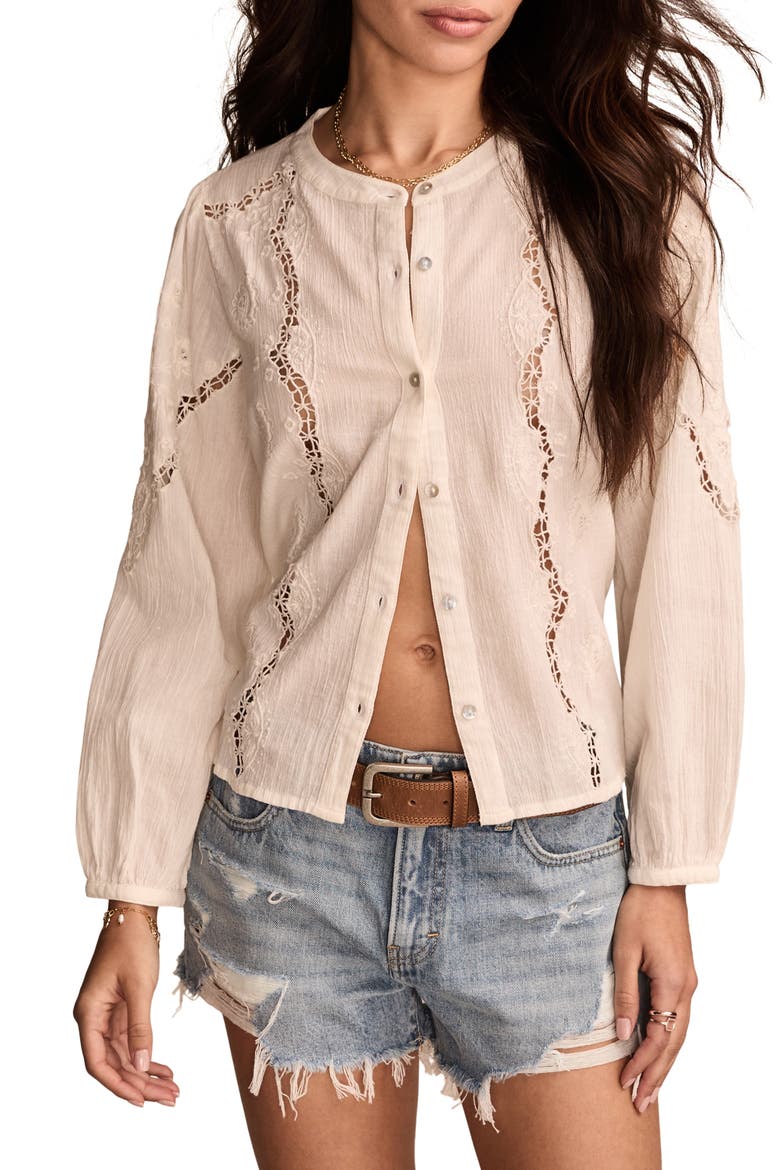 Embroidered Front Button Top, Main, color, BRIGHT WHITE