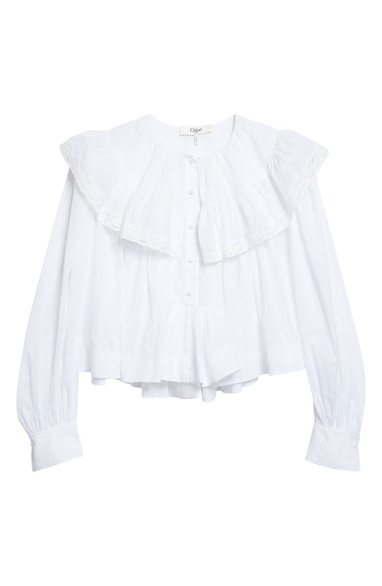 Chloé Lace Trim Cotton Pullover Shirt, Alternate, color, Iconic Milk