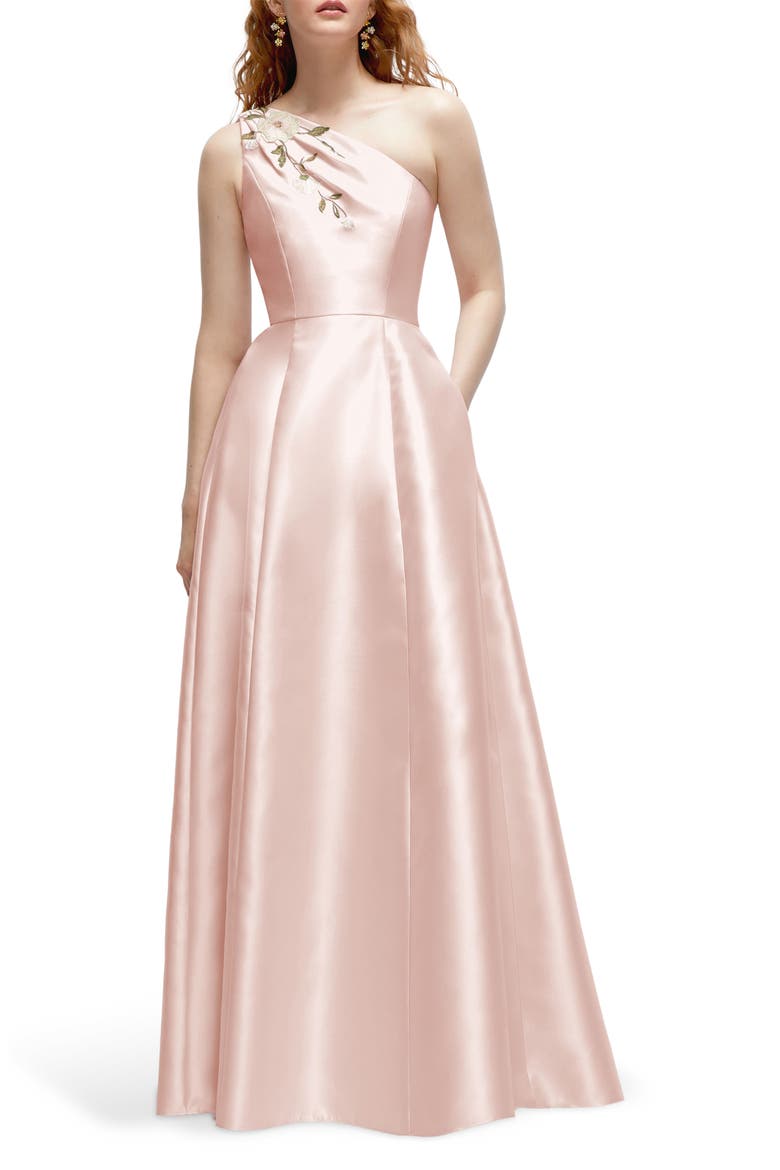 Floral Appliqué One-Shoulder Satin Gown, Main, color, BLUSH