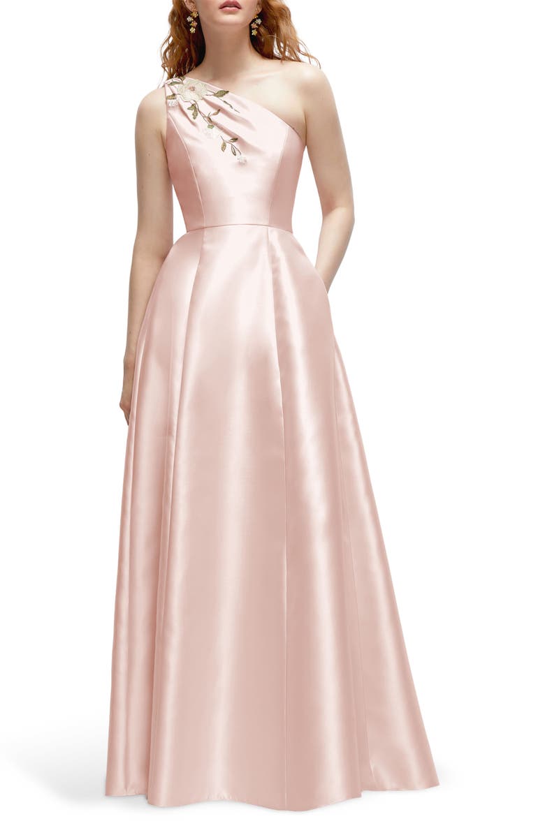 Alfred Sung Floral Appliqué One-Shoulder Satin Gown, Main, color, Blush