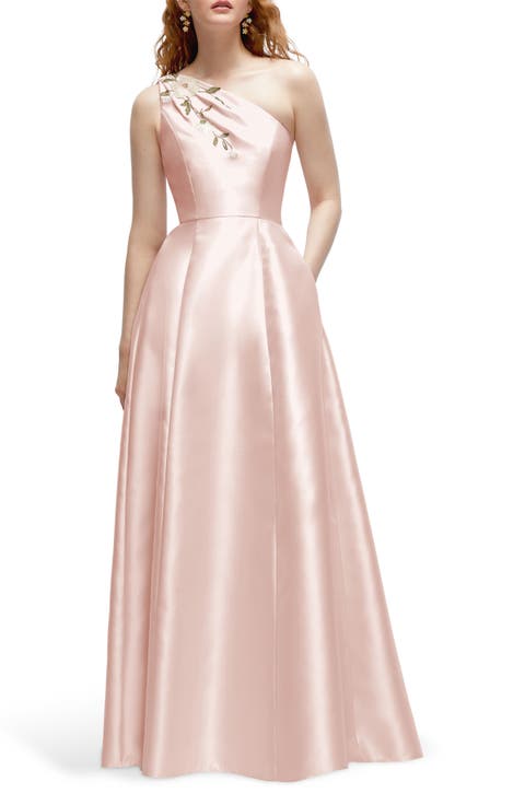 Floral Appliqué One-Shoulder Satin Gown