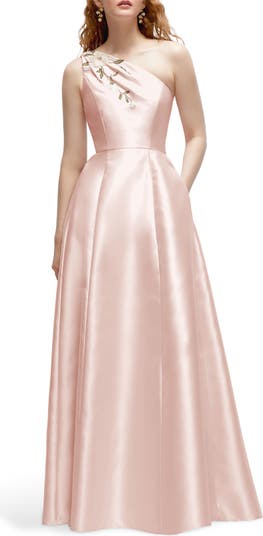 Floral Appliqué One-Shoulder Satin Gown
