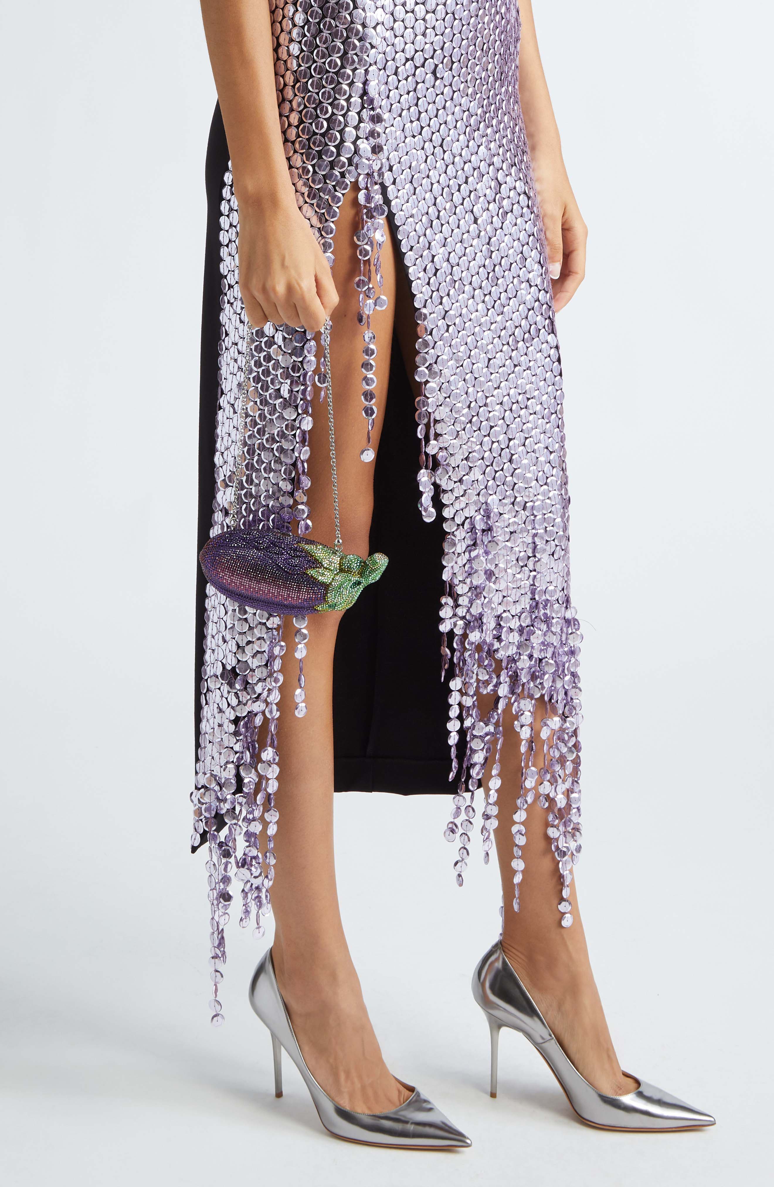 JUDITH LEIBER COUTURE Crystal Embellished Eggplant Clutch, Alternate, color, Silver Iris Multi