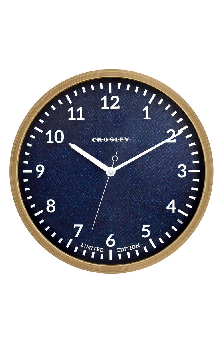 CROSLEY Oak Finish & Denim Analog Wall Clock, Main, color, Brown And Blue
