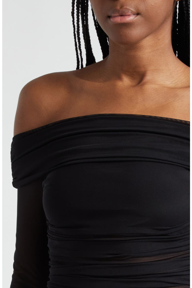 Isadola Ruched Off the Shoulder Mesh Crop Top, Alternate, color, BLACK