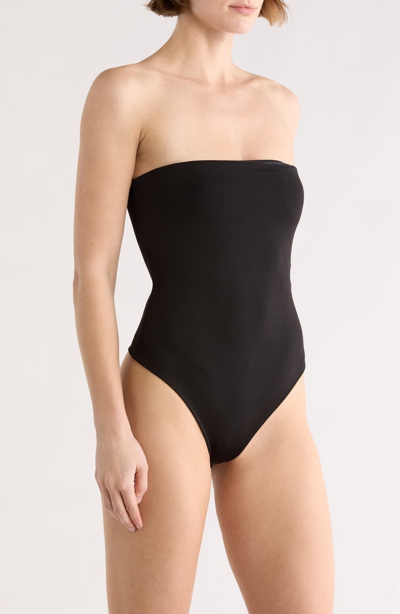 Alice + Olivia Bandeau Strapless Bodysuit, Alternate, color, Black