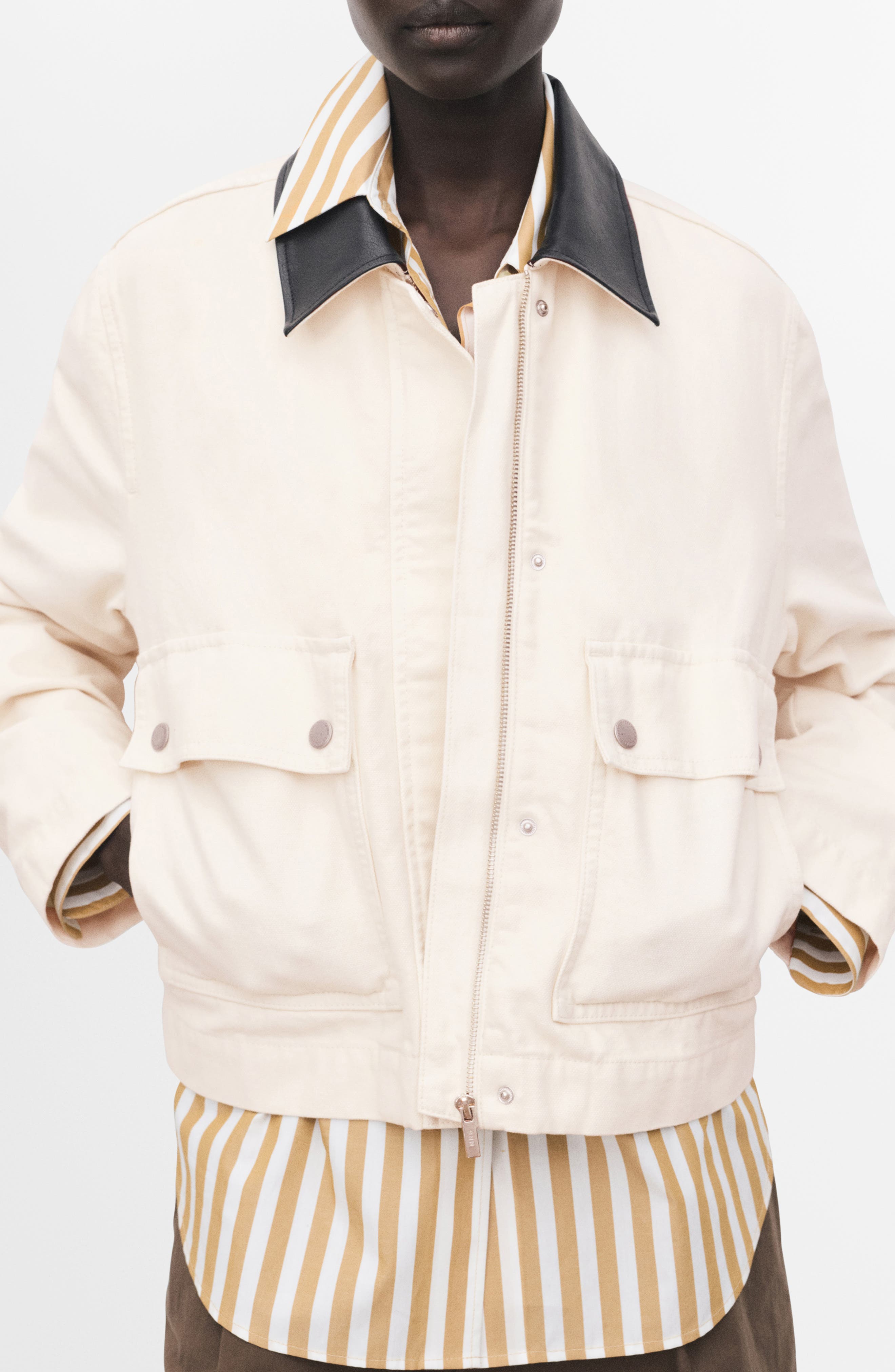 MANGO Faux Leather Collar Denim Jacket