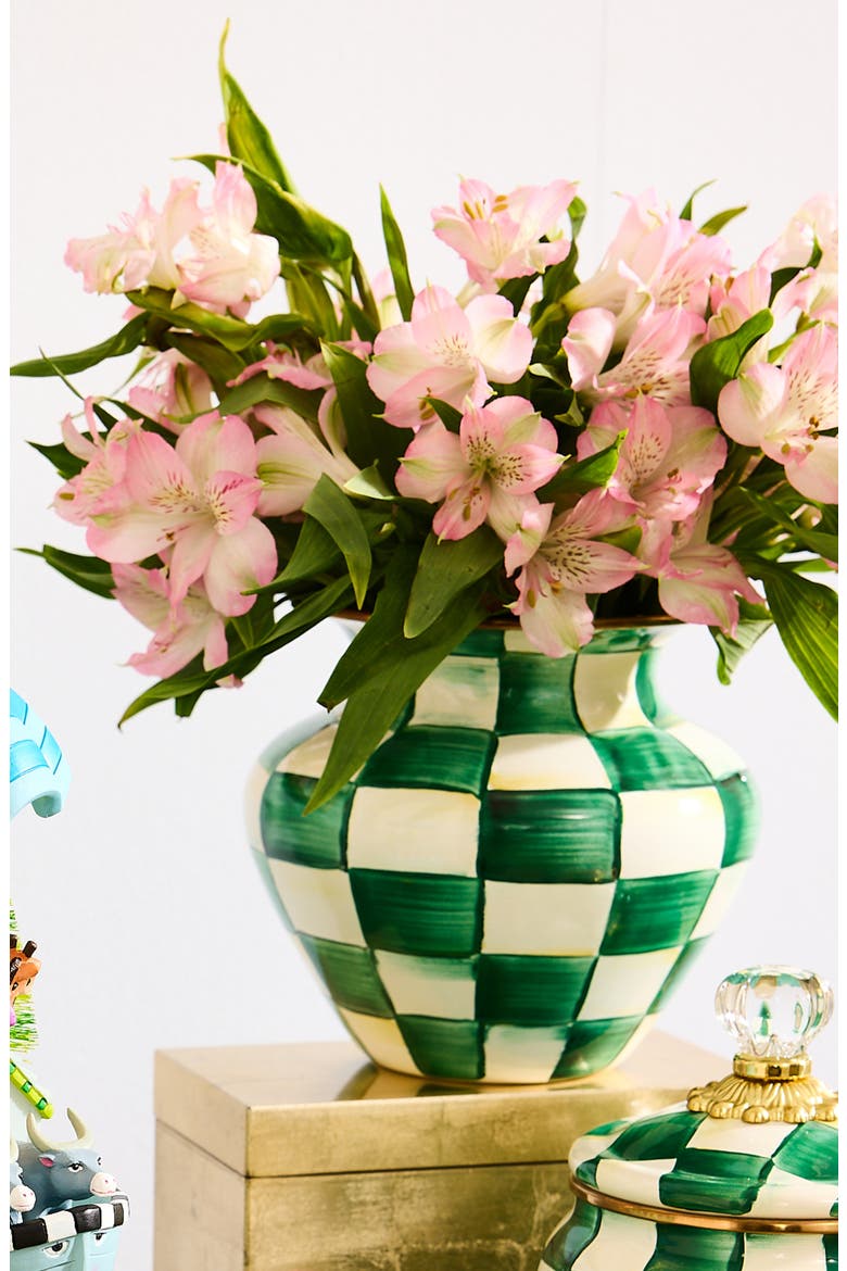 Emerald Check Large Enameled Steel Vase, Alternate, color, EMERALD