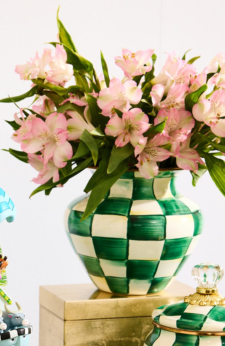 MACKENZIE CHILDS Emerald Check Large Enameled Steel Vase, Alternate, color, Emerald