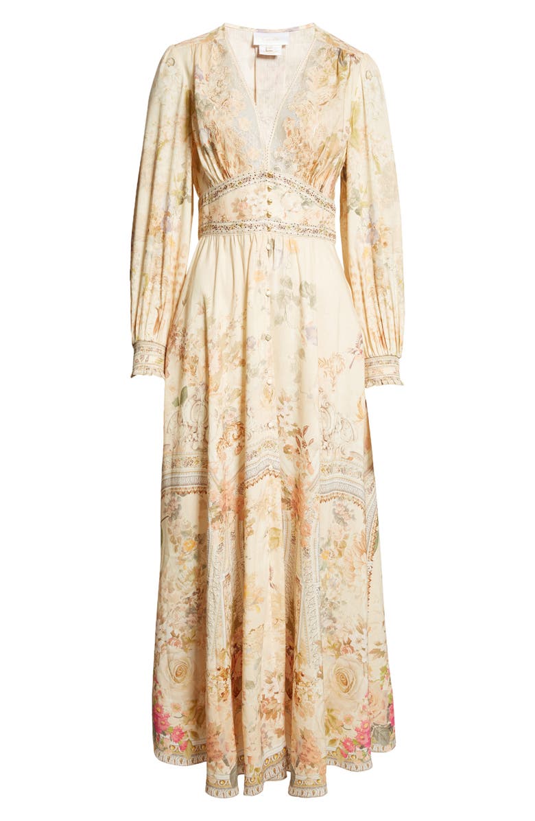 Camilla Adorned in Antiquity Lace Trim Long Sleeve Linen & Silk Maxi Dress, Alternate, color, 