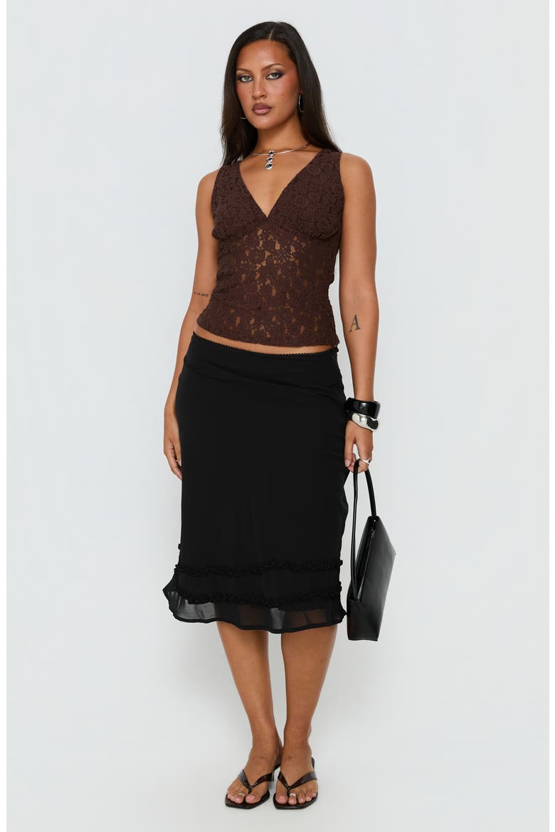 Clarabella Frill Midi Skirt, Alternate, color, BLACK