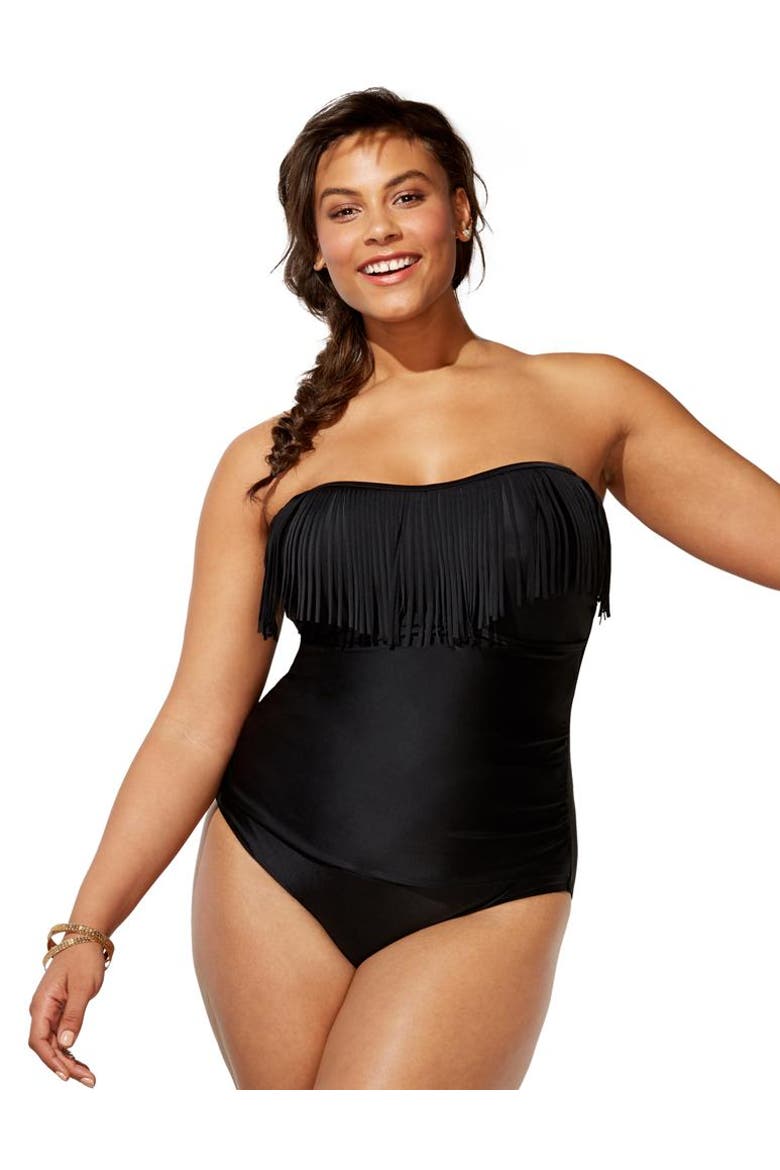Fringe Bandeau One Piece Swimsuit, Main, color, Black