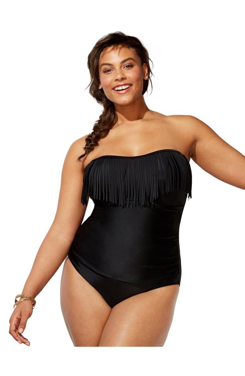 Swimsuits for All Fringe Bandeau One Piece Swimsuit, Main, color, Black