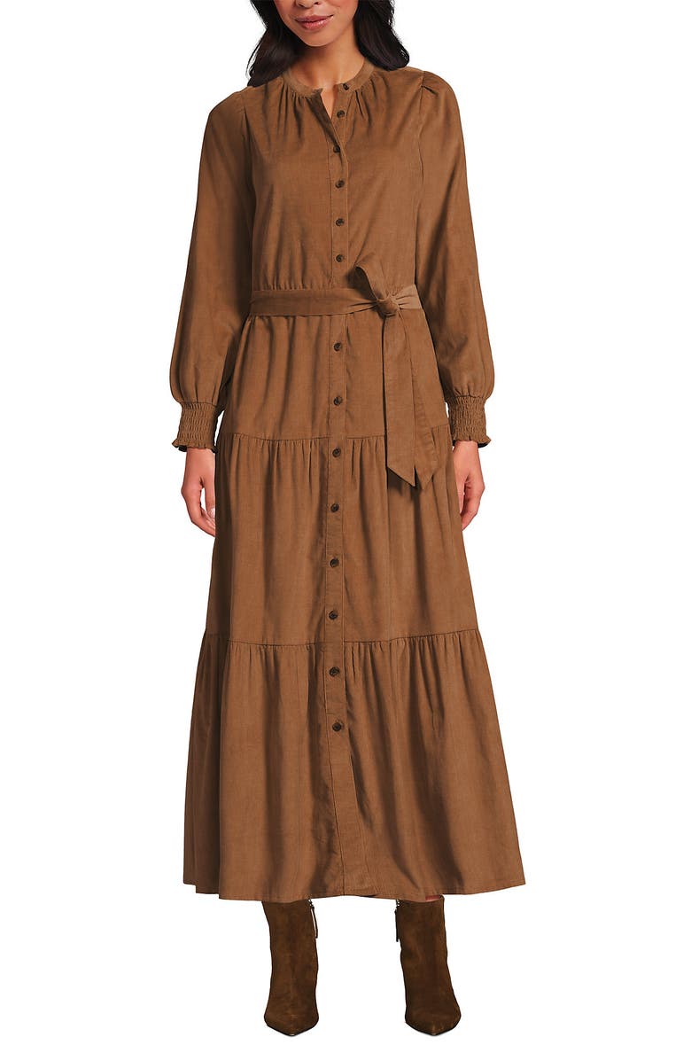 Lands' End Pinwale Cord Smocked Sleeve Maxi Dress, Alternate, color, Maple Toffee