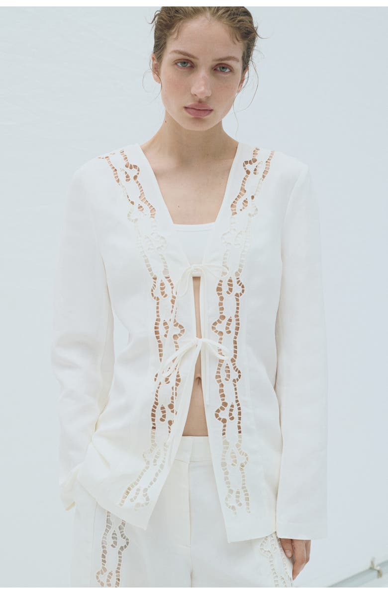 H&M Tie-front Linen-blend Blazer, Alternate, color, White