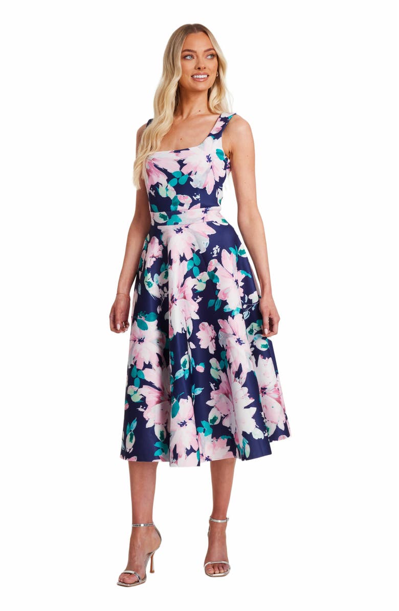 QUIZ Floral Scuba Foam Square Neck Maxi Skater, Alternate, color, Navy