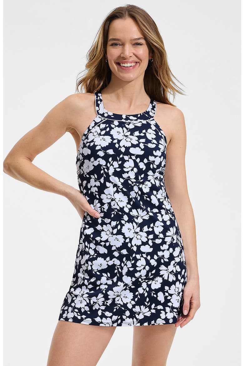 High Neck Swim Dress Swimsuit, Main, color, Navy Blossom Floral