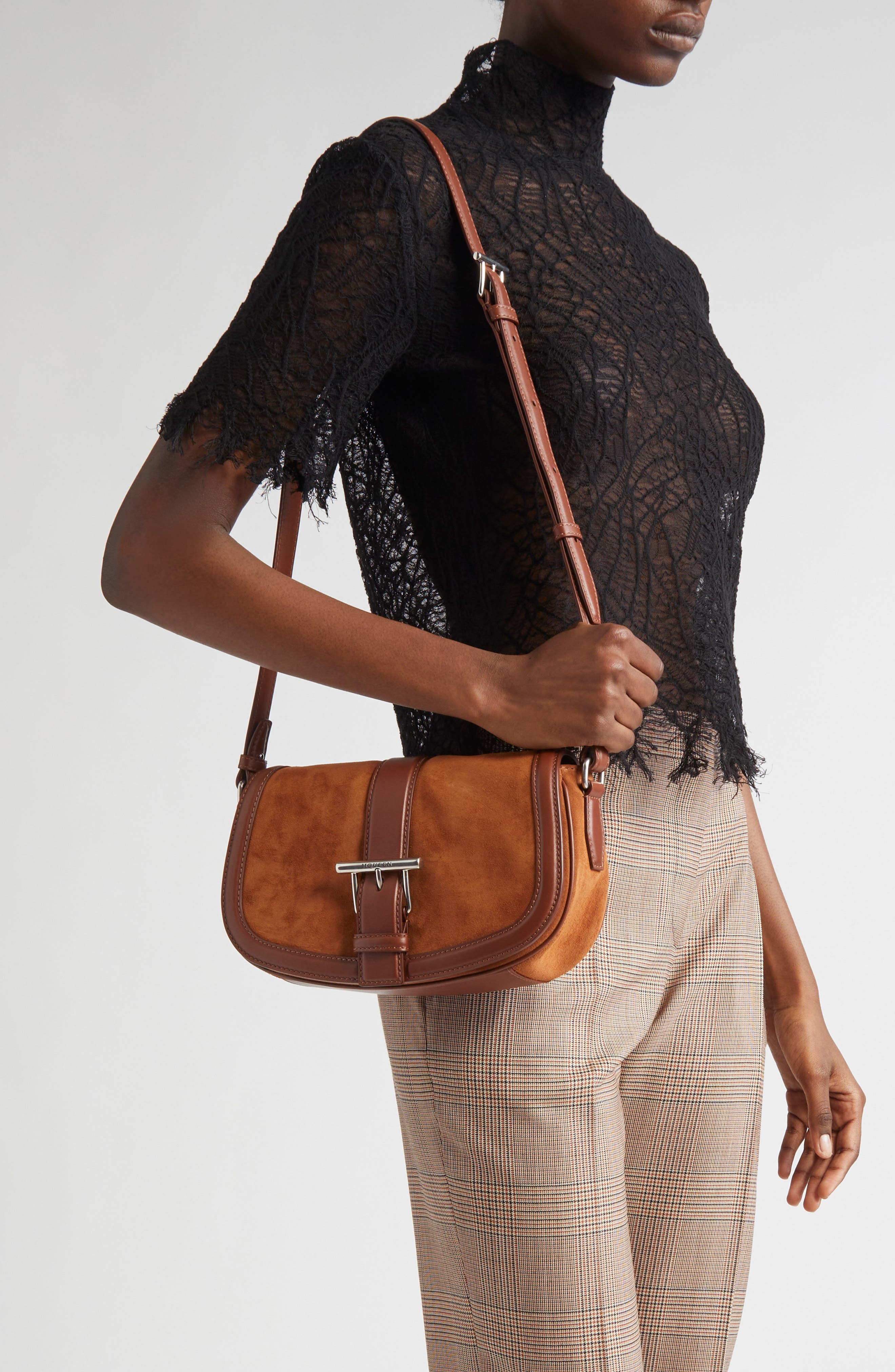 McQueen Mini T-Bar Shoulder Bag, Alternate, color, Dark Brown/ Silver