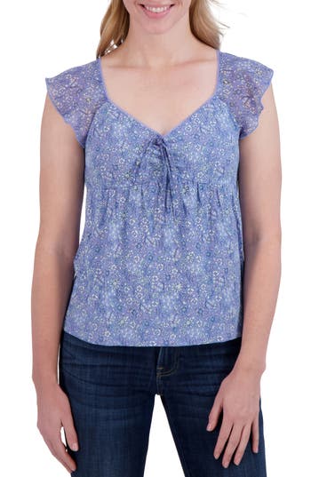 Lucky Brand Floral Tie Front Top In Blue Floral