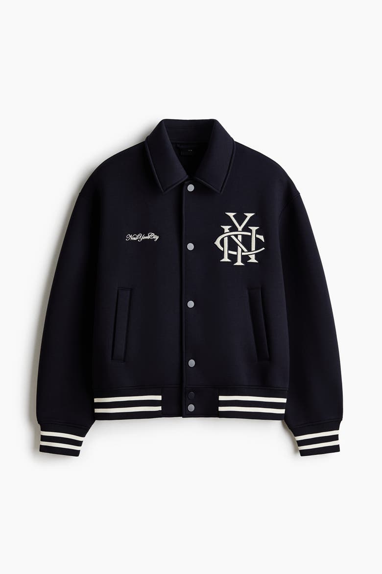 Scuba Knit Baseball Jacket, Alternate, color, Navy blue/NYC