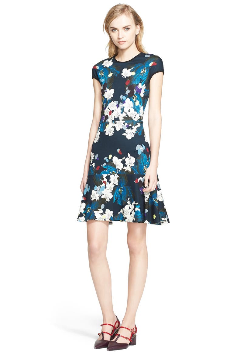 Floral Print Ponte Jersey Cap Sleeve Dress, Main, color, INK BLUE/ ECRU