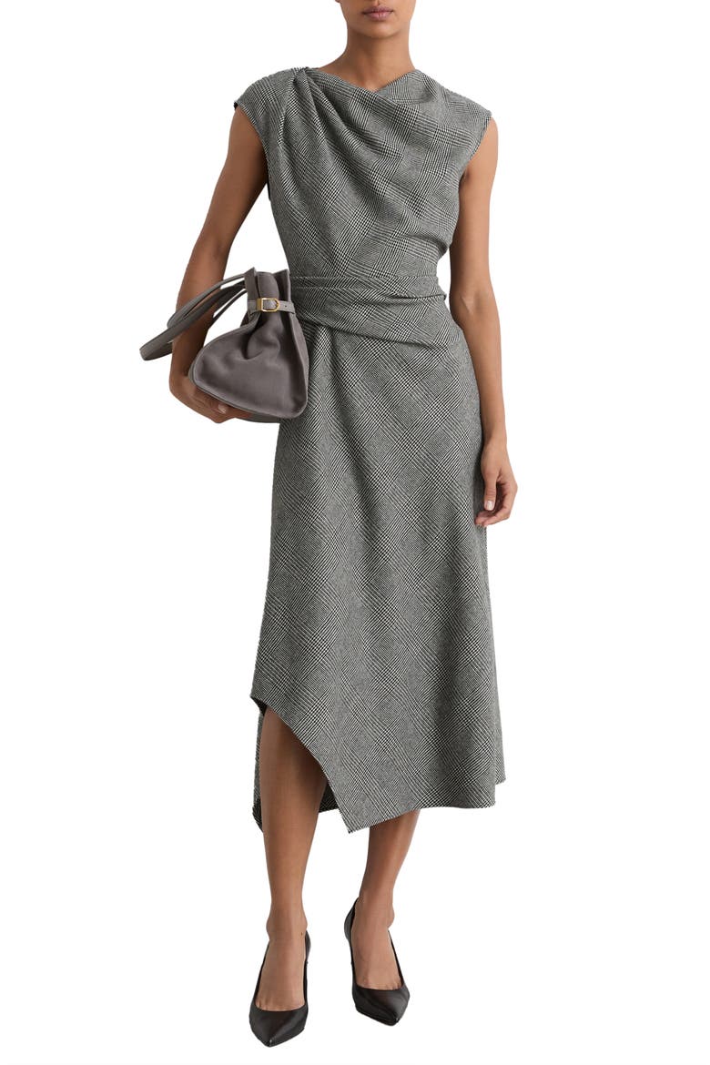 Clara Glen Plaid Asymmetric Hem Wool Blend Dress, Alternate, color, GREY