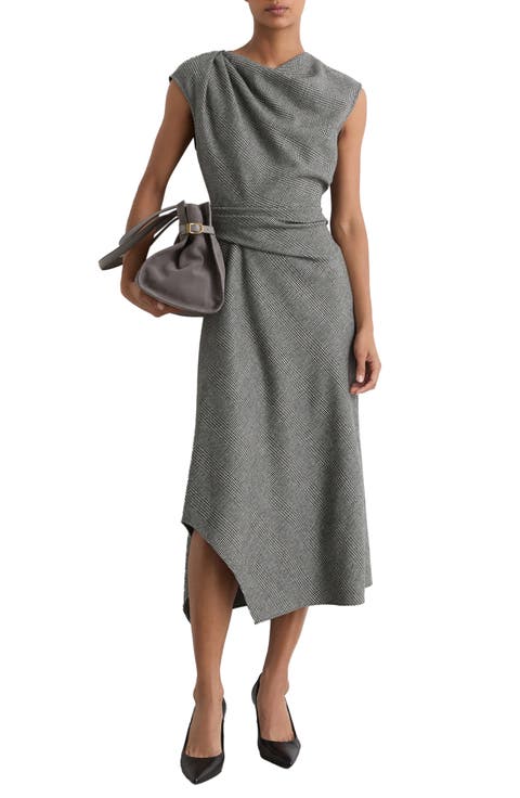 Clara Glen Plaid Asymmetric Hem Wool Blend Dress