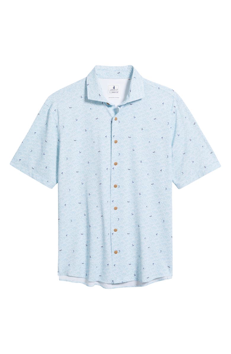 johnnie-O Rowing Hangin’ Out Surfer Print Knit Short Sleeve Button-Up Shirt, Alternate, color, White/Blue Multi