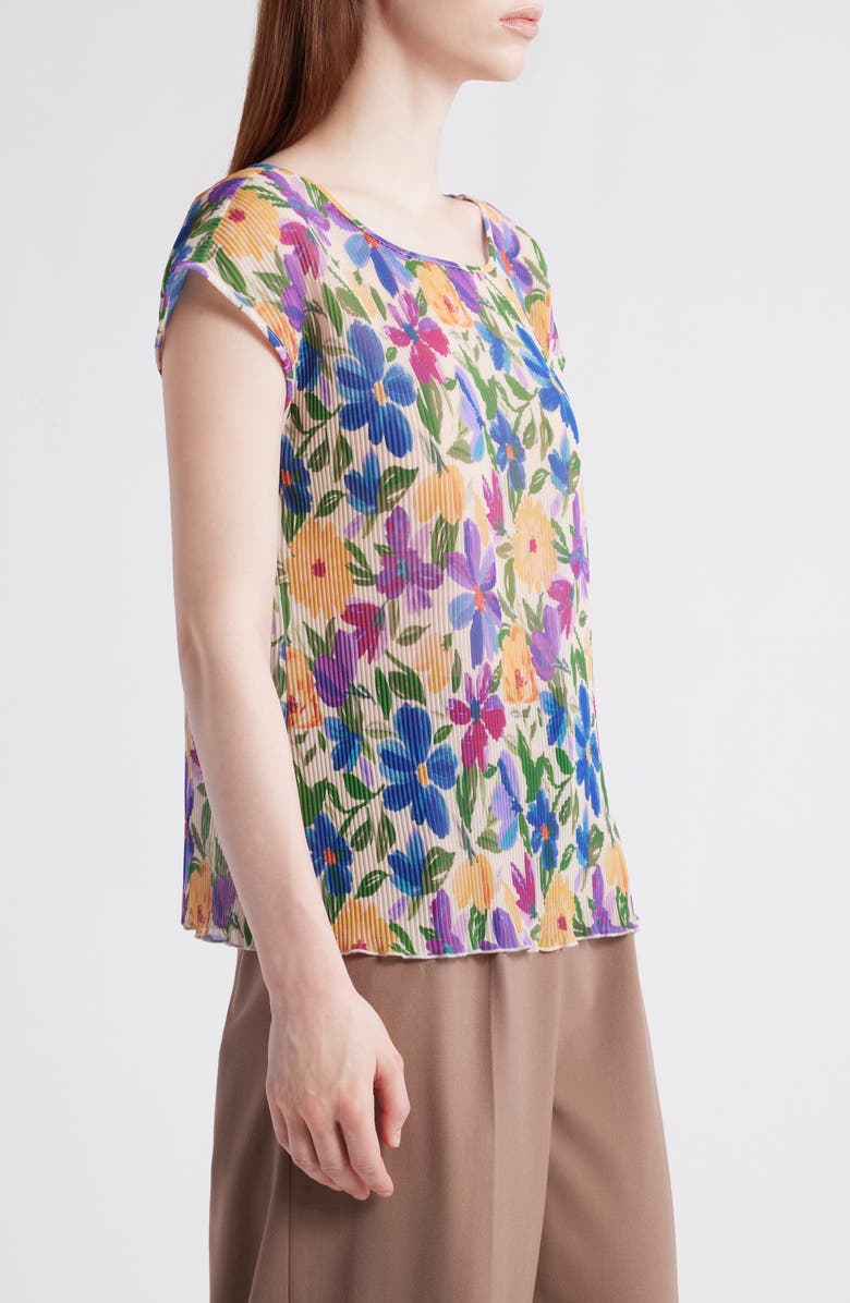 Tahari ASL Floral Plissé Cap Sleeve Top, Alternate, color, Sand Jungle