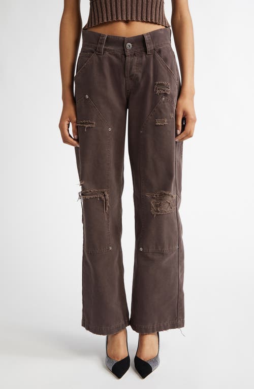 Vaquera Distressed Wide Leg Cargo Jeans in Dark Brown 