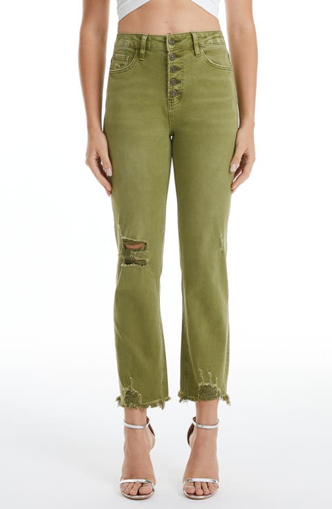 High Waist Ripped Chew Hem Straight Leg Jeans