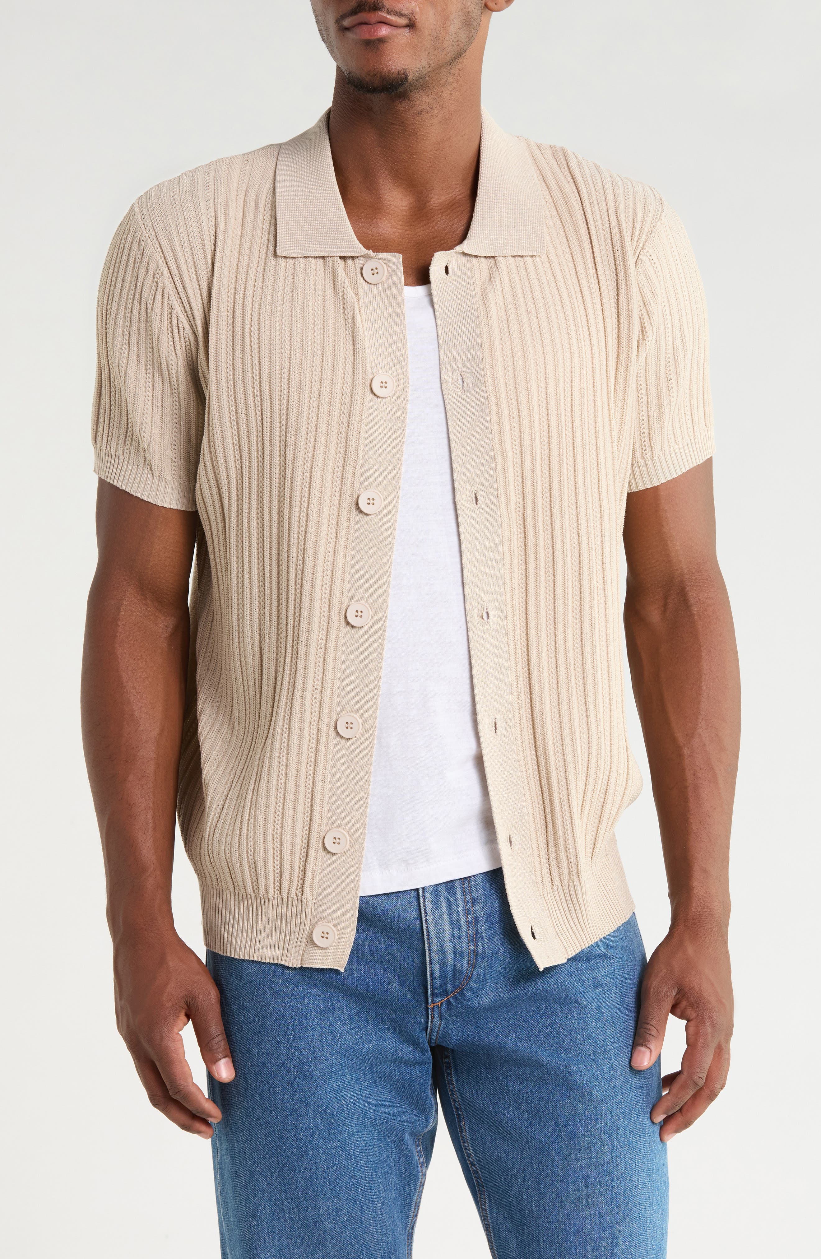 Ribbed Button-Front Sweater Polo