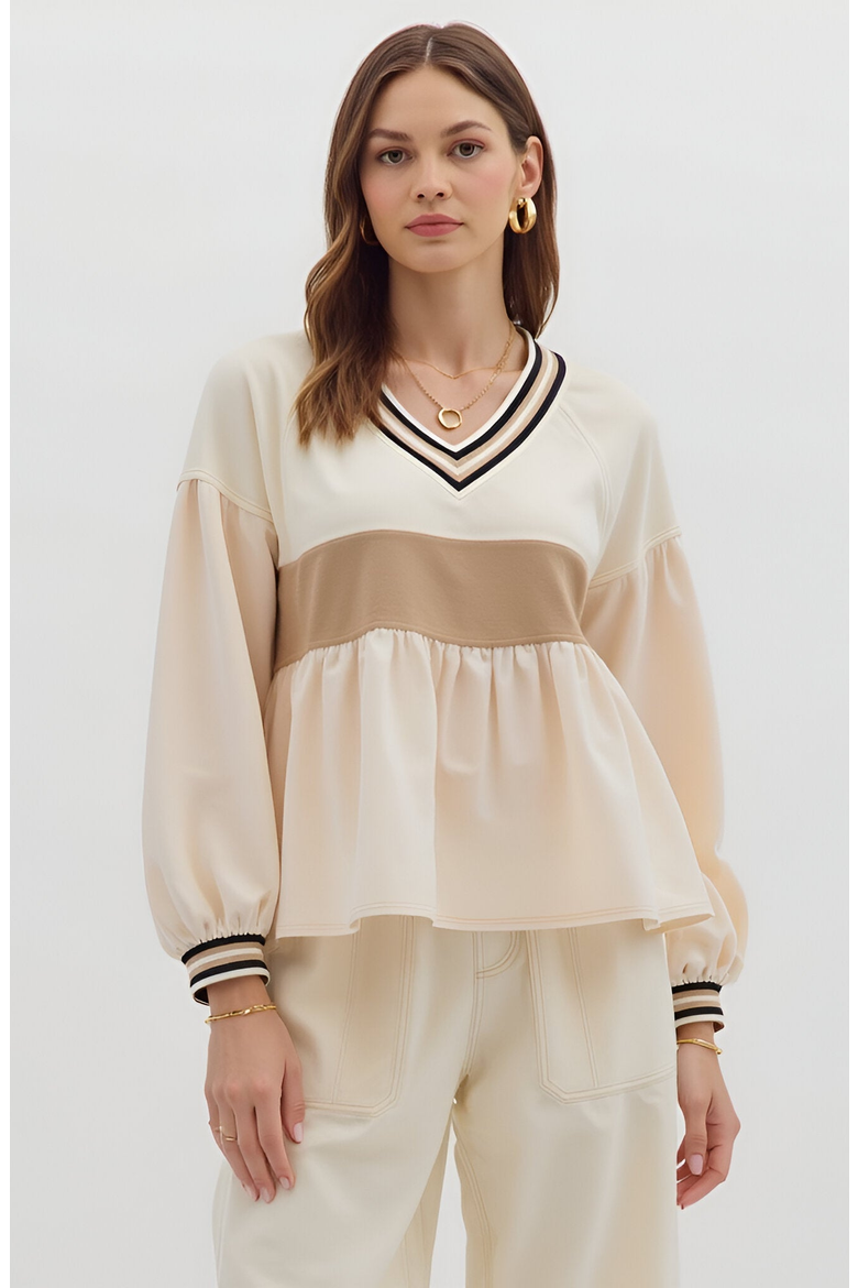 Colorblock V-Neck Top with Peplum Hem, Main, color, Beige