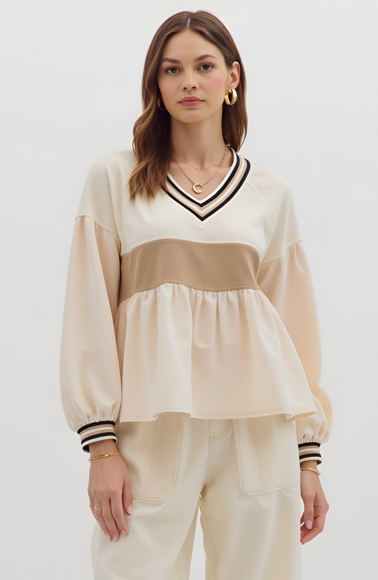 Modenaire Colorblock V-Neck Top with Peplum Hem, Main, color, Beige