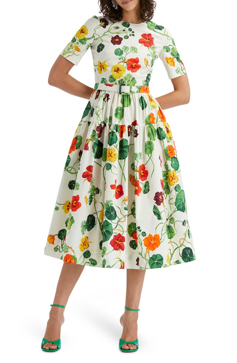 Oscar de la Renta Nasturtium Print Tiered Stretch Poplin Dress, Main, color, 
