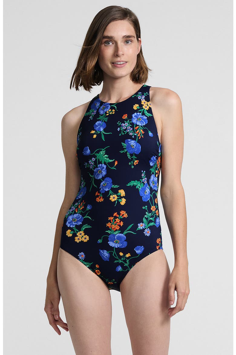 Long Tugless High Neck Portrait Back One Piece Swimsuit, Main, color, Navy/Tossed Poppy Floral