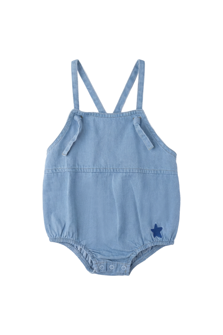 Star Embroidered Woven Denim Baby Romper, Main, color, Denim