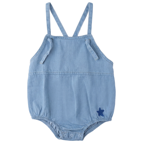 Star Embroidered Woven Denim Bubble Romper