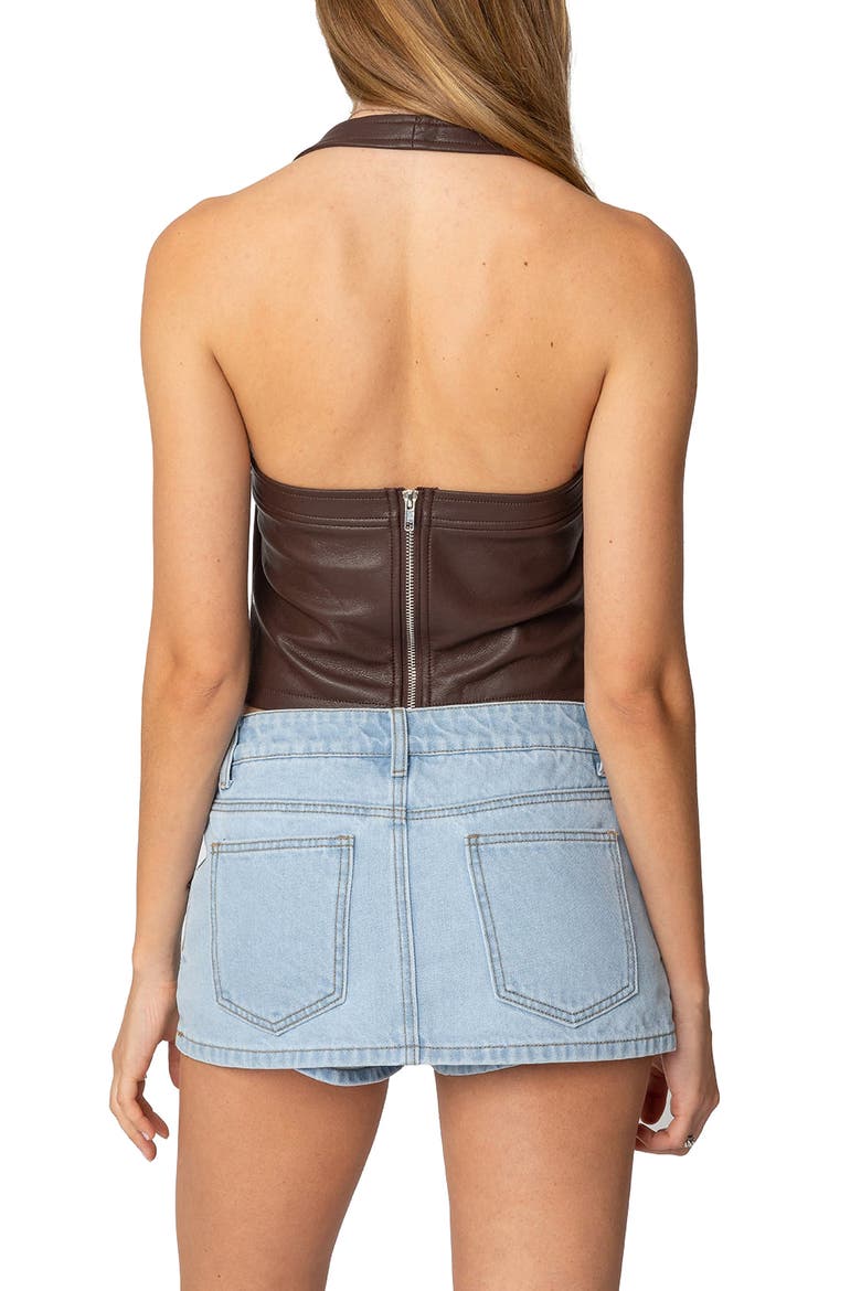 Faux Leather Halter Crop Top, Alternate, color, BROWN