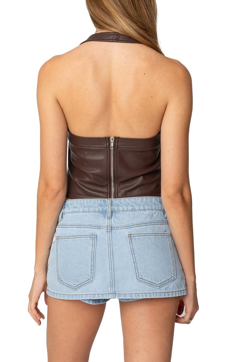 EDIKTED Faux Leather Halter Crop Top, Alternate, color, Brown