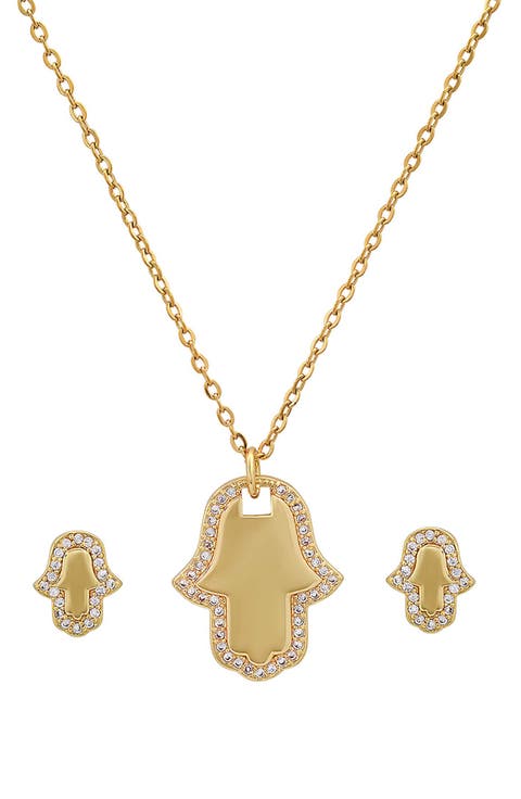 18k White Gold Plated Hamsa Necklace & Earrings Set
