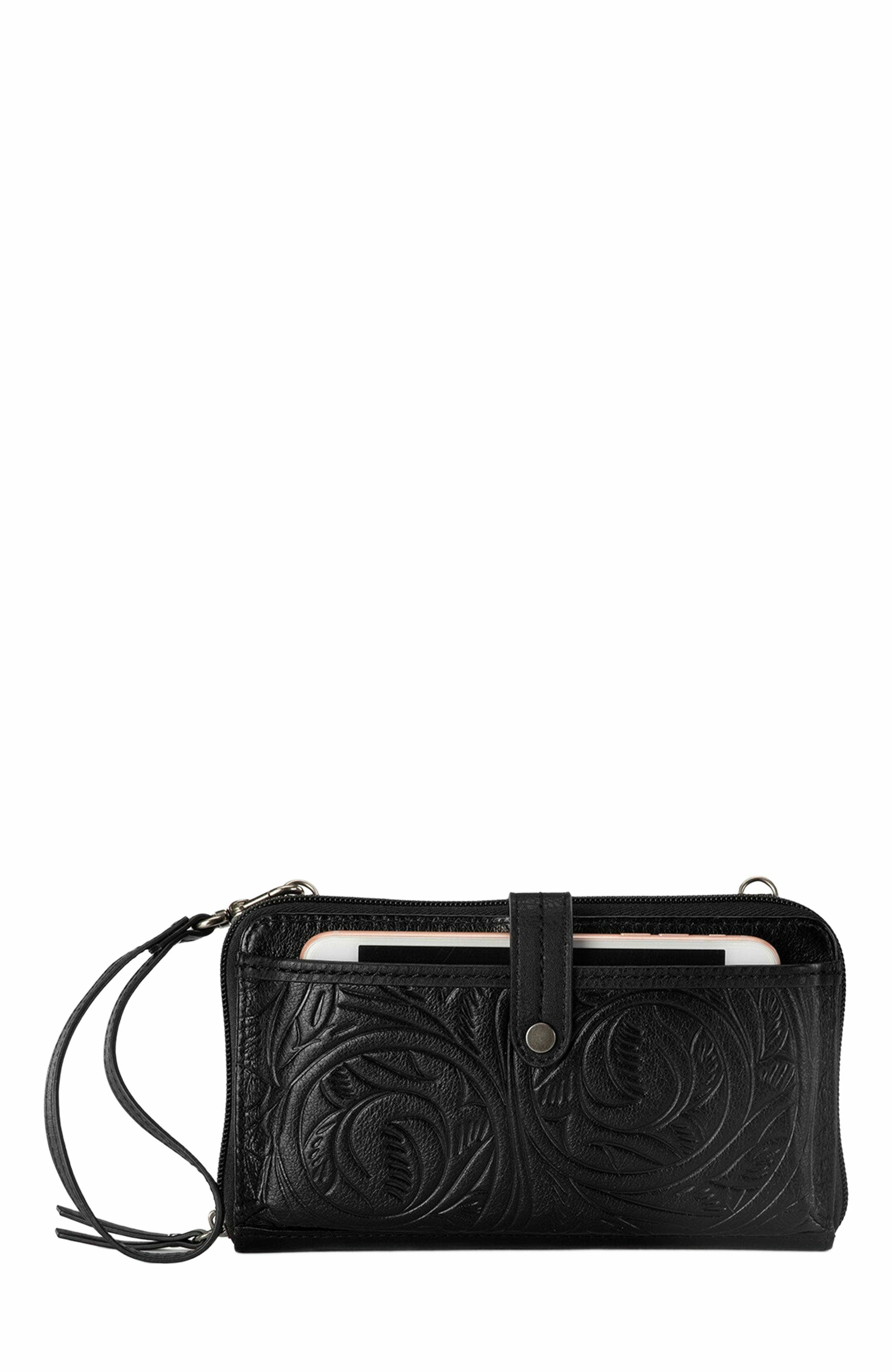 The Sak Iris Smartphone Crossbody Bag, Alternate, color, Black Leaf Emboss