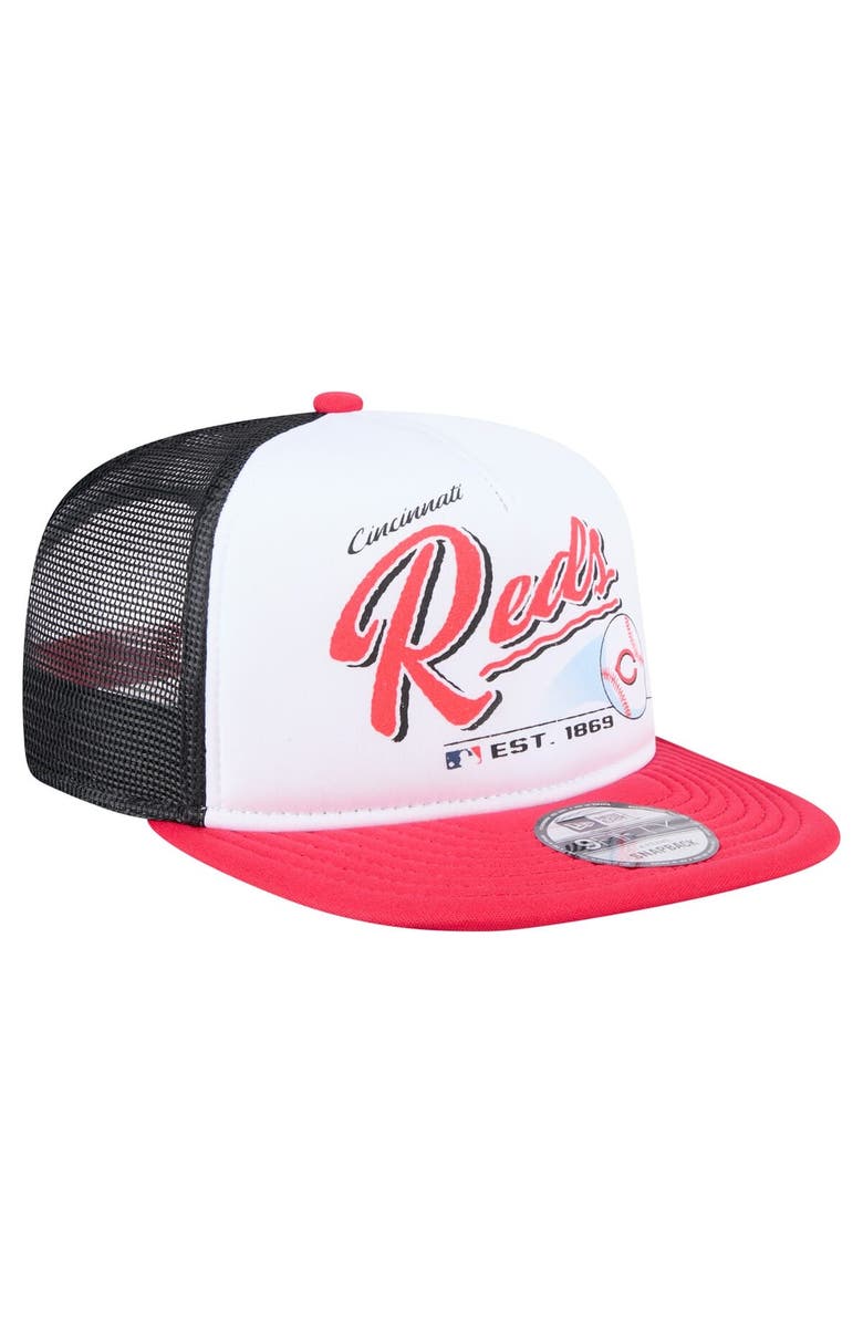New Era Men's New Era White/Red Cincinnati Reds Retro Script Trucker 9FIFTY Snapback Hat, Alternate, color, 