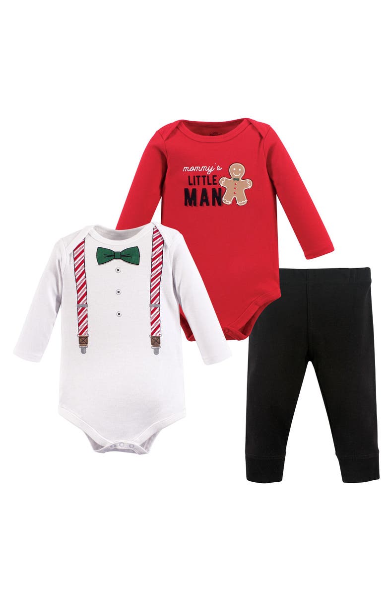 Little Treasure Long Sleeve Bodysuit & Bottoms 3-Piece Set, Main, color, Christmas Suspenders