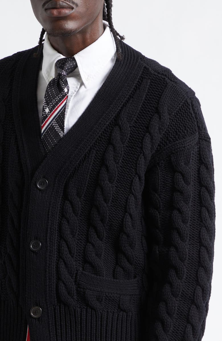 Thom Browne RWB Cable Knit Wool Cardigan, Alternate, color, Black